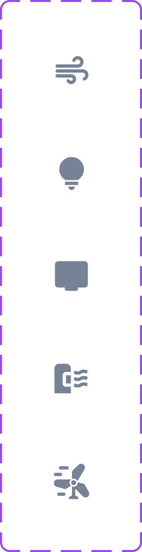 The category icon family: air conditioning, light bulb, television, air purifier and fan, all drawn as solid grey glyphs at one weight