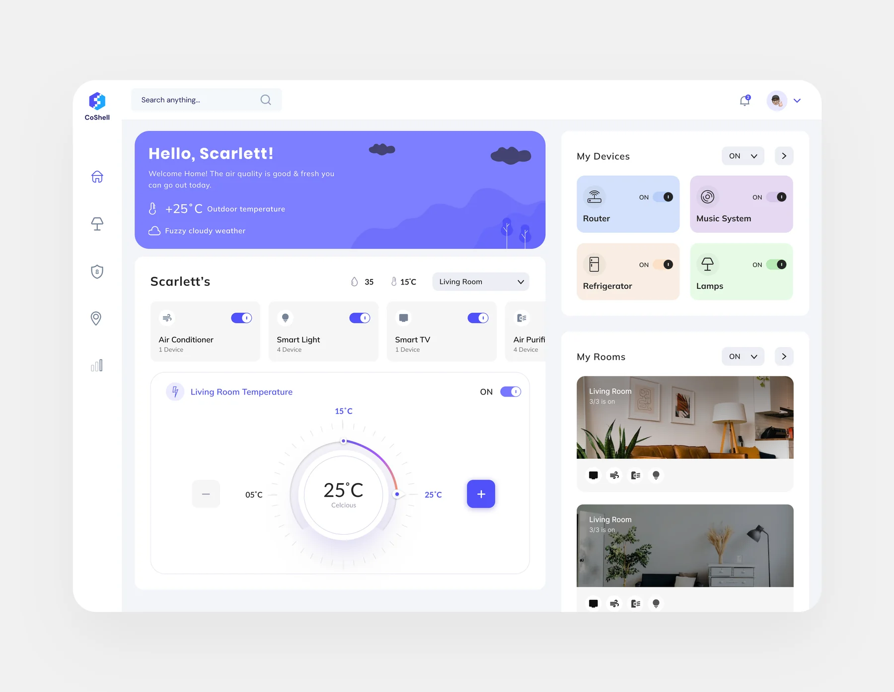 The CoShell dashboard: a left icon rail, a purple greeting banner showing outdoor temperature and weather, a row of device category cards with toggles, a circular room temperature controller set to 25 degrees, and right-hand panels for My Devices and My Rooms