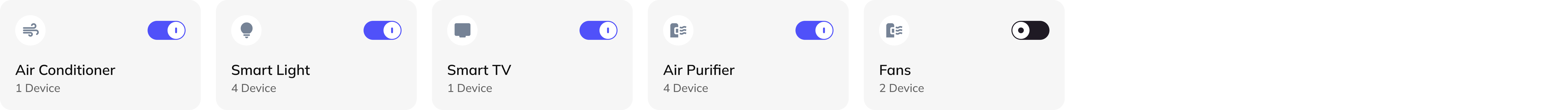 Five device cards in a row — Air Conditioner, Smart Light, Smart TV, Air Purifier and Fans — showing four on and one off