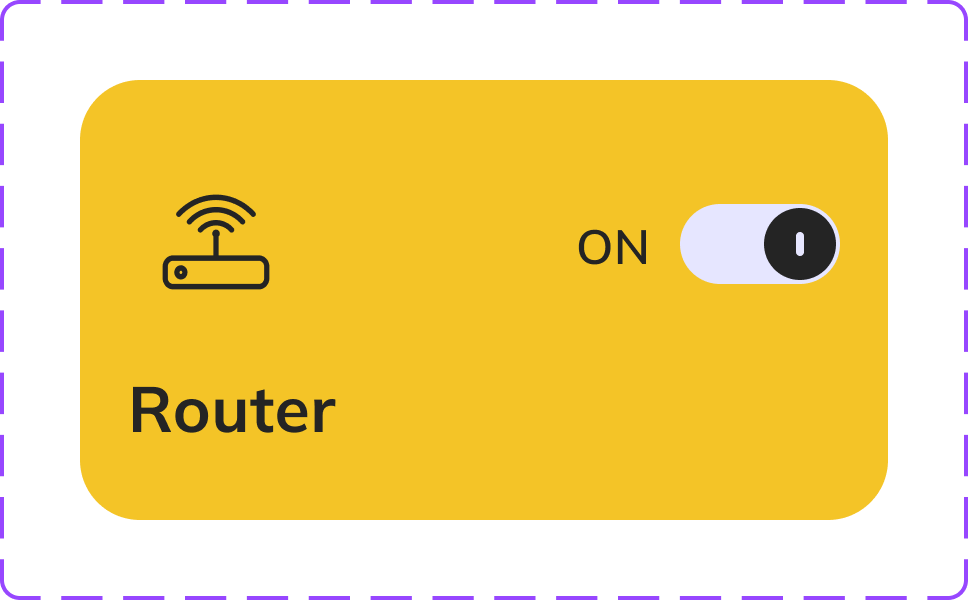 Yellow Router device card with router icon, ON label and toggle control