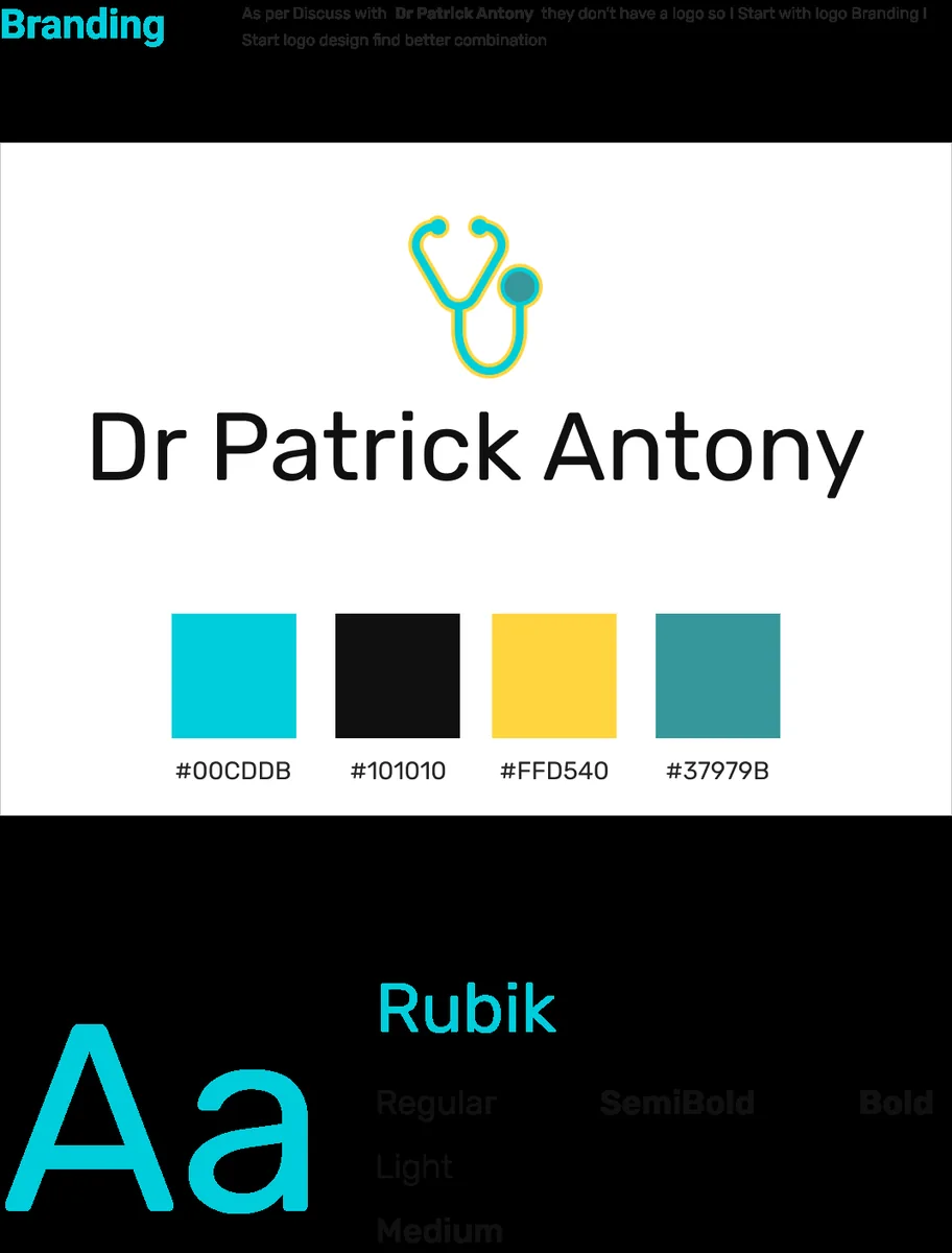 Original brand sheet as presented, showing the logo, four colour swatches and the Rubik type scale