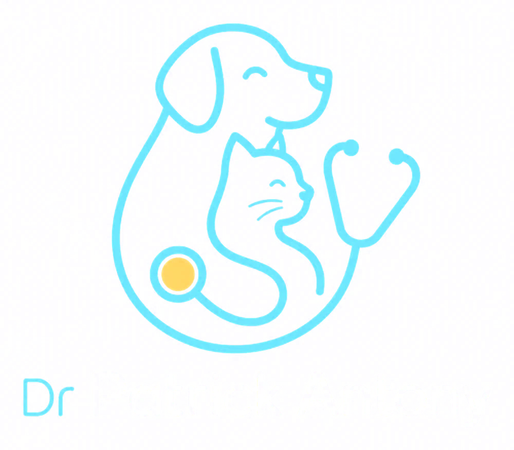 The redesigned logo: a dog and a cat drawn in one continuous cyan line, enclosed by stethoscope tubing with a yellow diaphragm, above a rounded wordmark