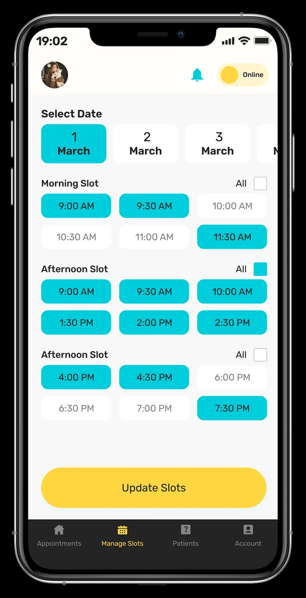 Slot management screen with morning, afternoon and evening slot grids and select-all toggles