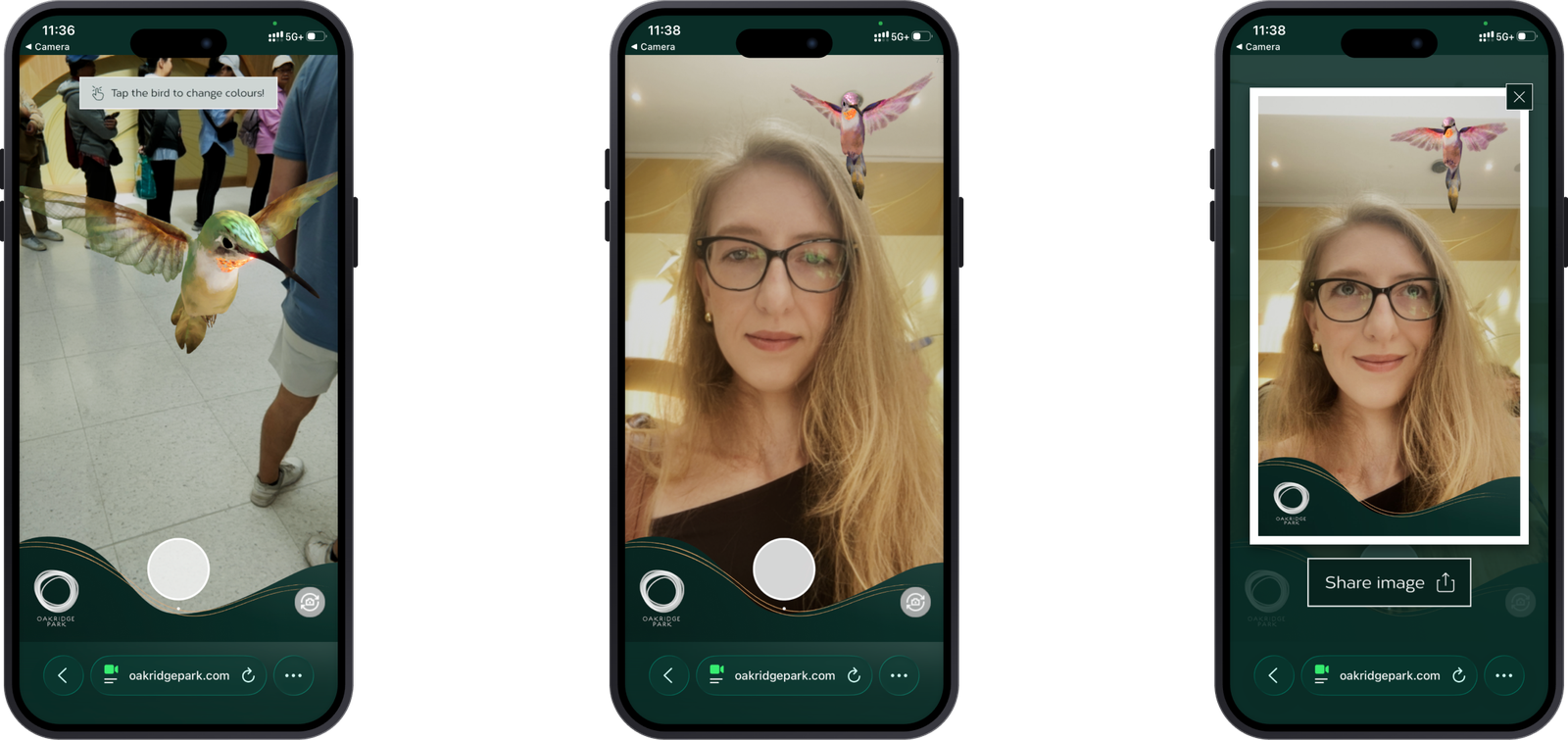 Three Kio screens showing live AR hummingbird interaction, selfie mode and image sharing