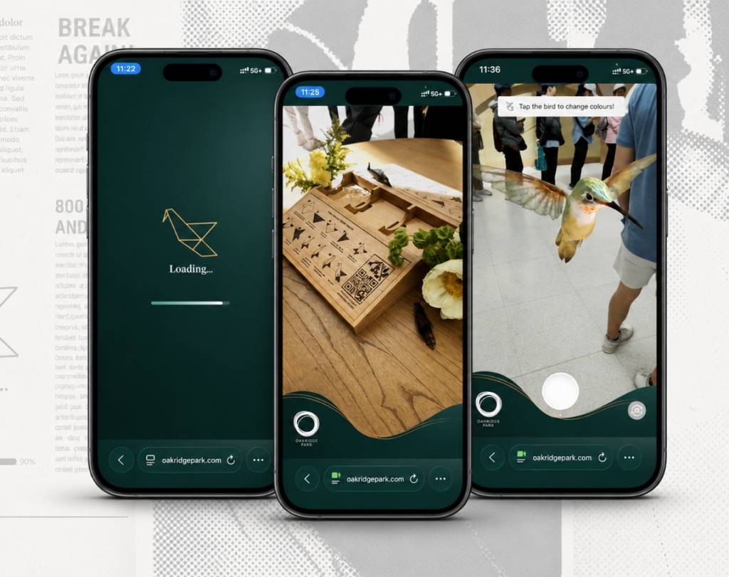 Kio AR experience shown across loading, QR activation and live hummingbird camera screens
