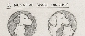 Three circular negative-space concepts where the dog and cat are cut out of a filled circle