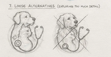 Two more detailed alternatives, one struck through, showing a realistic retriever and a version with a medical cross