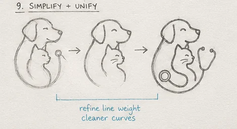 A three-step sequence showing the mark being simplified, with a note to refine line weight and clean the curves