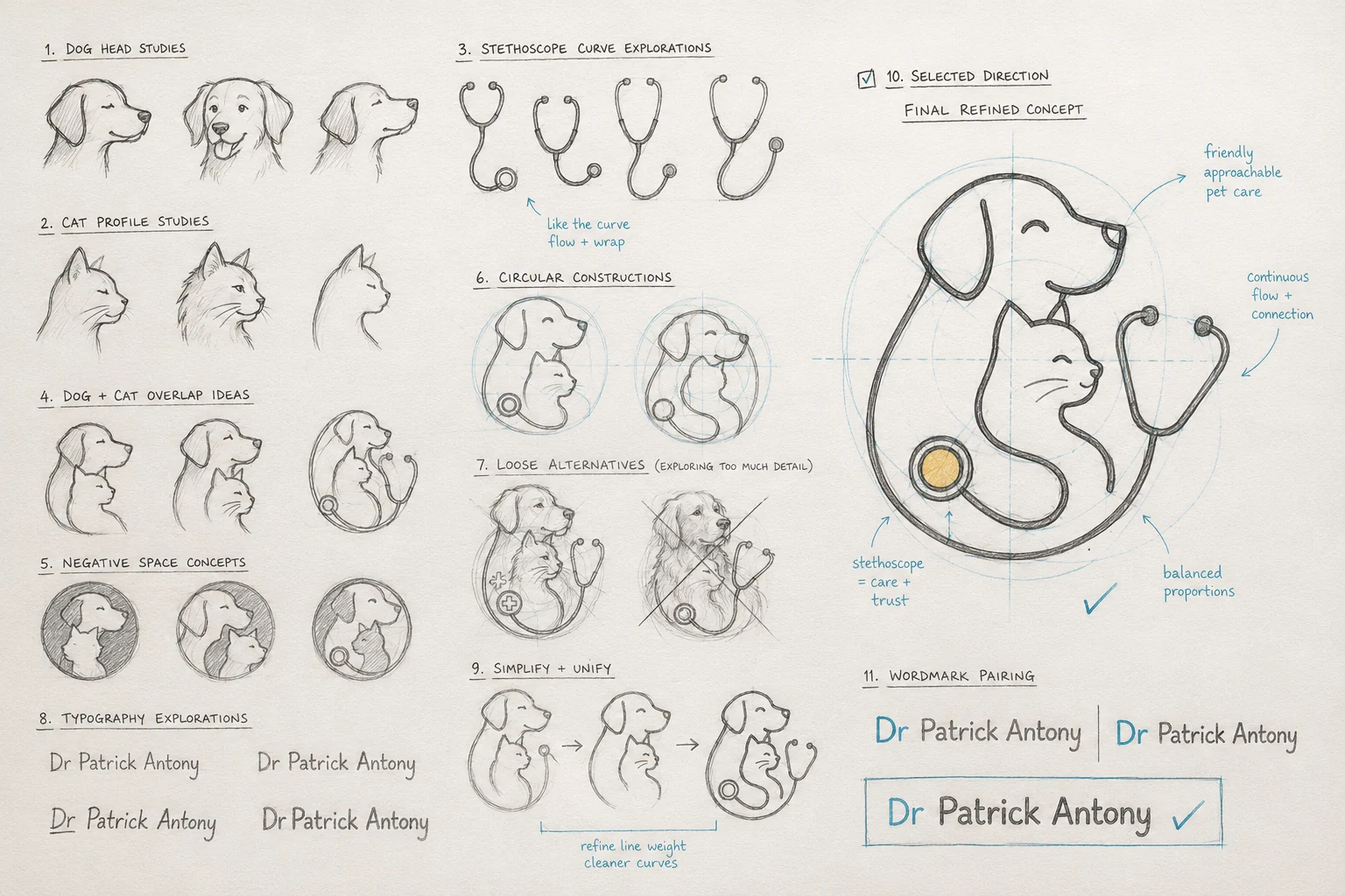 A full sketch sheet with eleven numbered groups: dog head studies, cat profile studies, stethoscope curve explorations, dog and cat overlap ideas, negative space concepts, circular constructions, rejected detailed alternatives, typography explorations, a simplify-and-unify sequence, the selected annotated direction, and wordmark pairings