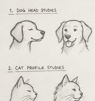 Pencil studies of three dog head profiles and three cat profiles