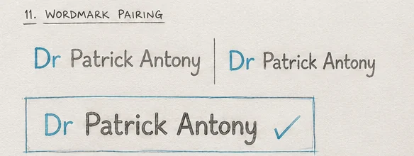 Four wordmark pairings tested, with the chosen version boxed and ticked: Dr in a lighter cyan weight, Patrick Antony in a heavier dark weight