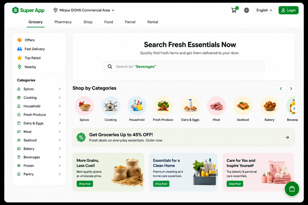 Modular Super App customer website showing grocery categories, search and product offers