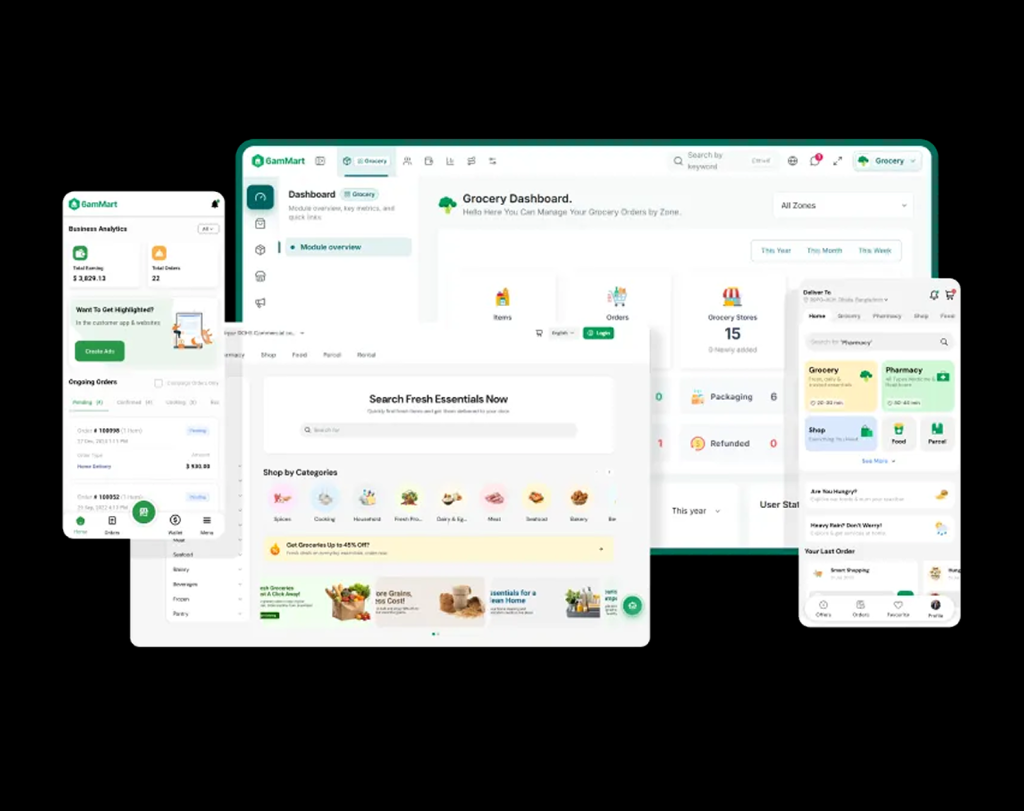 Modular Super App marketplace ecosystem shown across vendor dashboard, customer web and mobile interfaces