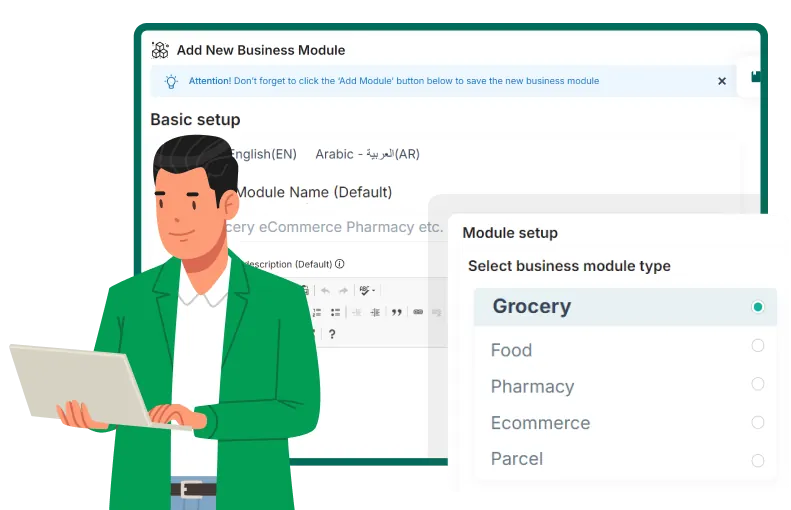 Modular Super App module setup interface showing selectable business types