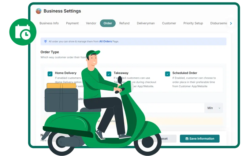 Modular Super App business settings for home delivery, takeaway and scheduled orders