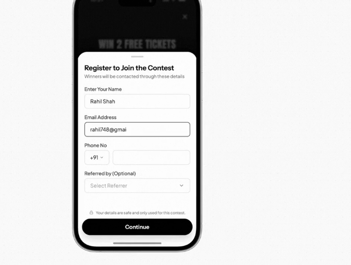 Mobile contest registration flow asking for name, email address, phone number and optional referrer