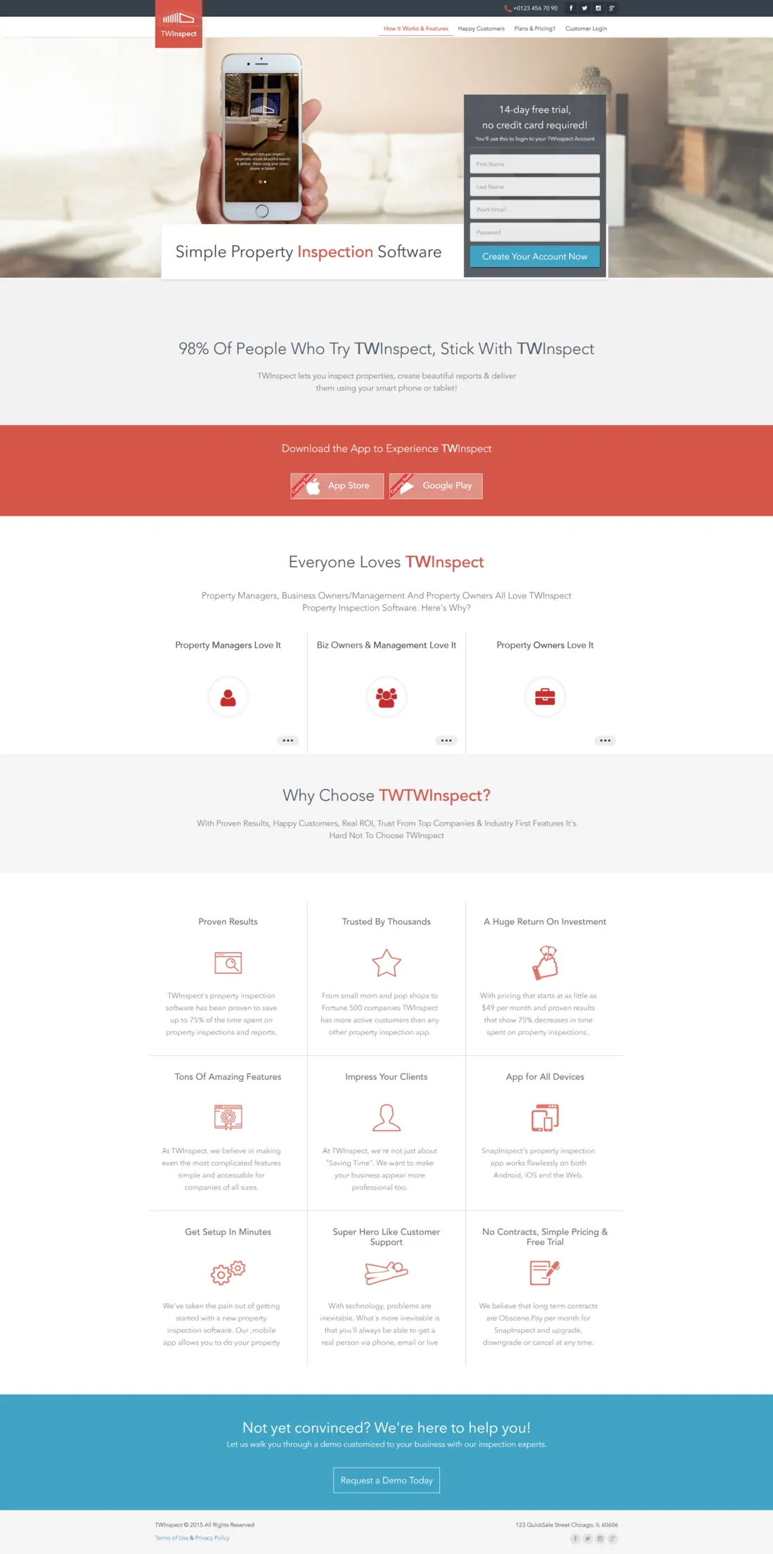 TWInspect property inspection software landing page with trial signup form