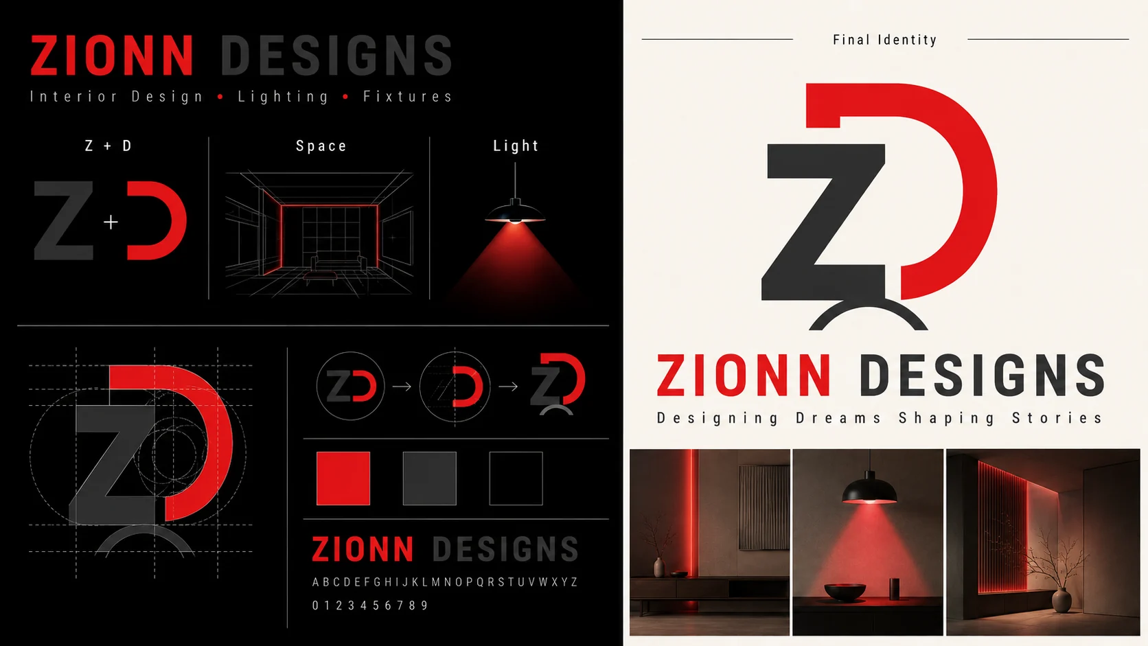 Brand board showing the Z plus D construction, a spatial line drawing, a pendant lamp with a red light cone, the monogram on a circular construction grid, a three-step simplification sequence, the colour squares, the wordmark, and the final identity applied to three dark interior photographs
