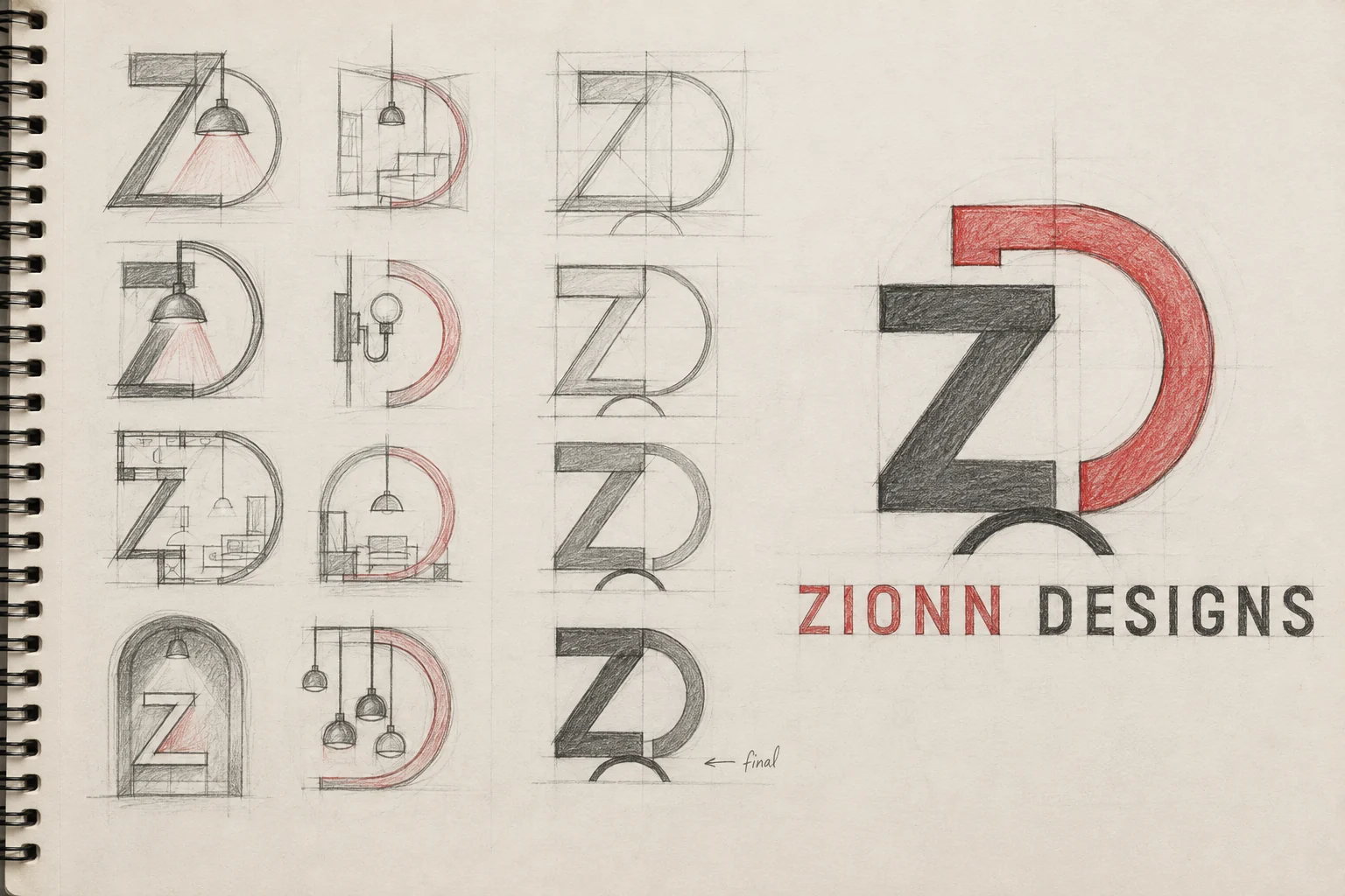 A pencil sketch sheet: eight Z and D monogram concepts incorporating pendant lamps, wall sconces, room sections and an arch, then a refinement column of four progressively simplified versions marked final, and the finished coloured lockup with the ZIONN DESIGNS wordmark
